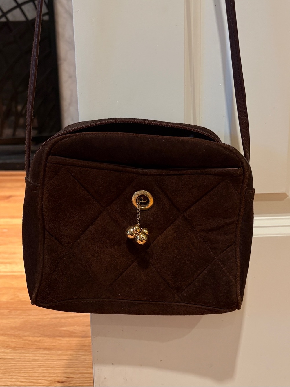 Brown Quilted Suede Leather Crossbody Bag with Gold Charm
